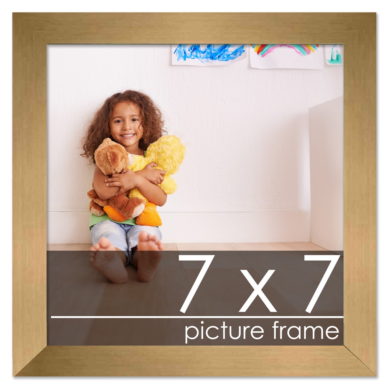 7x7 Gold Wood Picture Square Frame - UV Acrylic, Foam Board Backing, Hanging Hardware